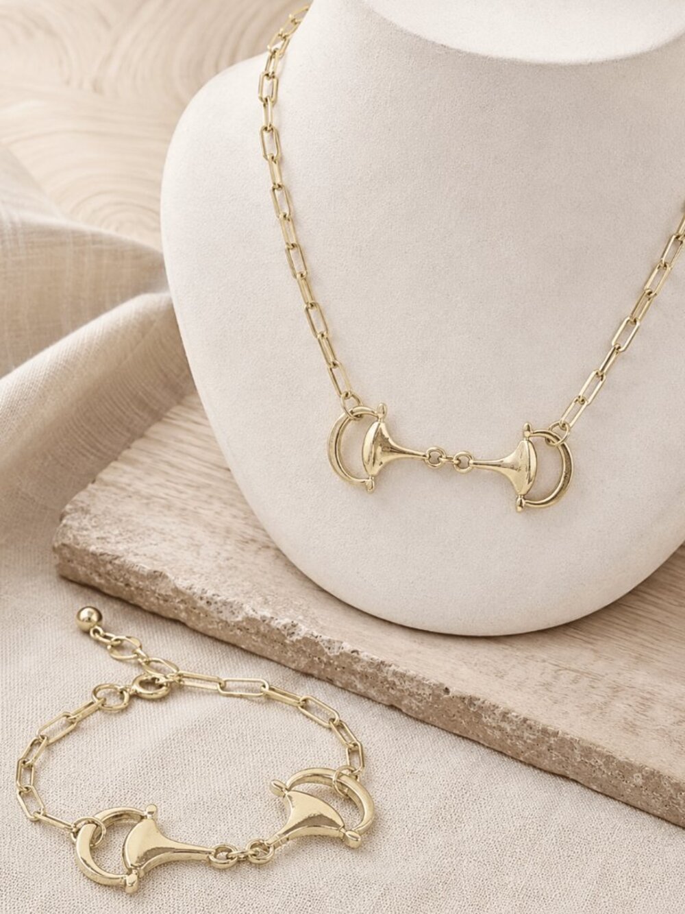 Gold Plated Western Boho Horsebit Paperclip Chain Statement Necklace & Bracelet